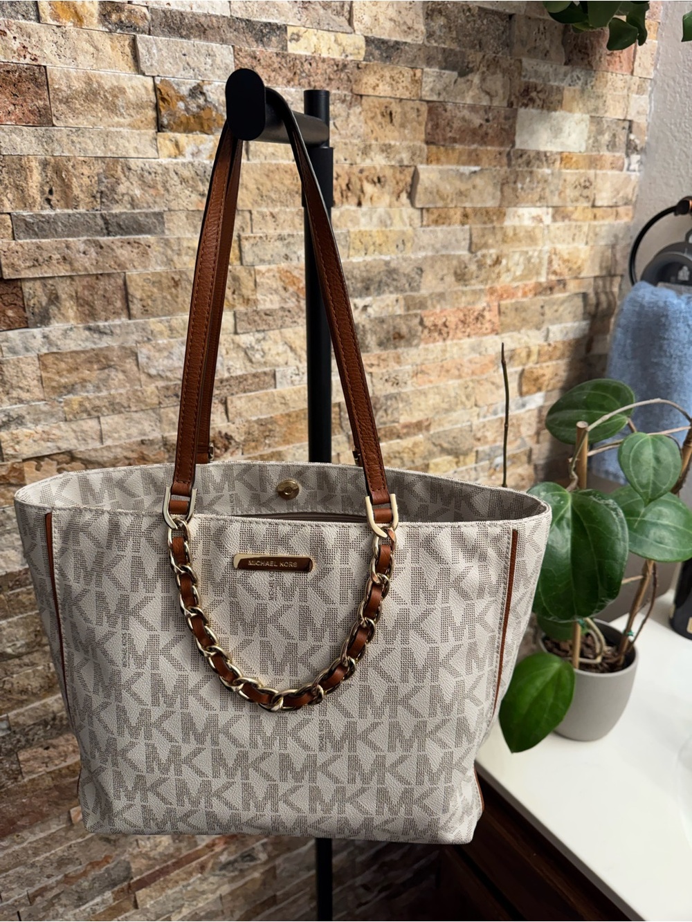 Michael Kors Beige Harper MK Monogram Tote with Brown Leather Straps